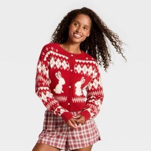Red and White Cardigan Sweater with Bunny Design and Sparkly Buttons - NWT szXXS